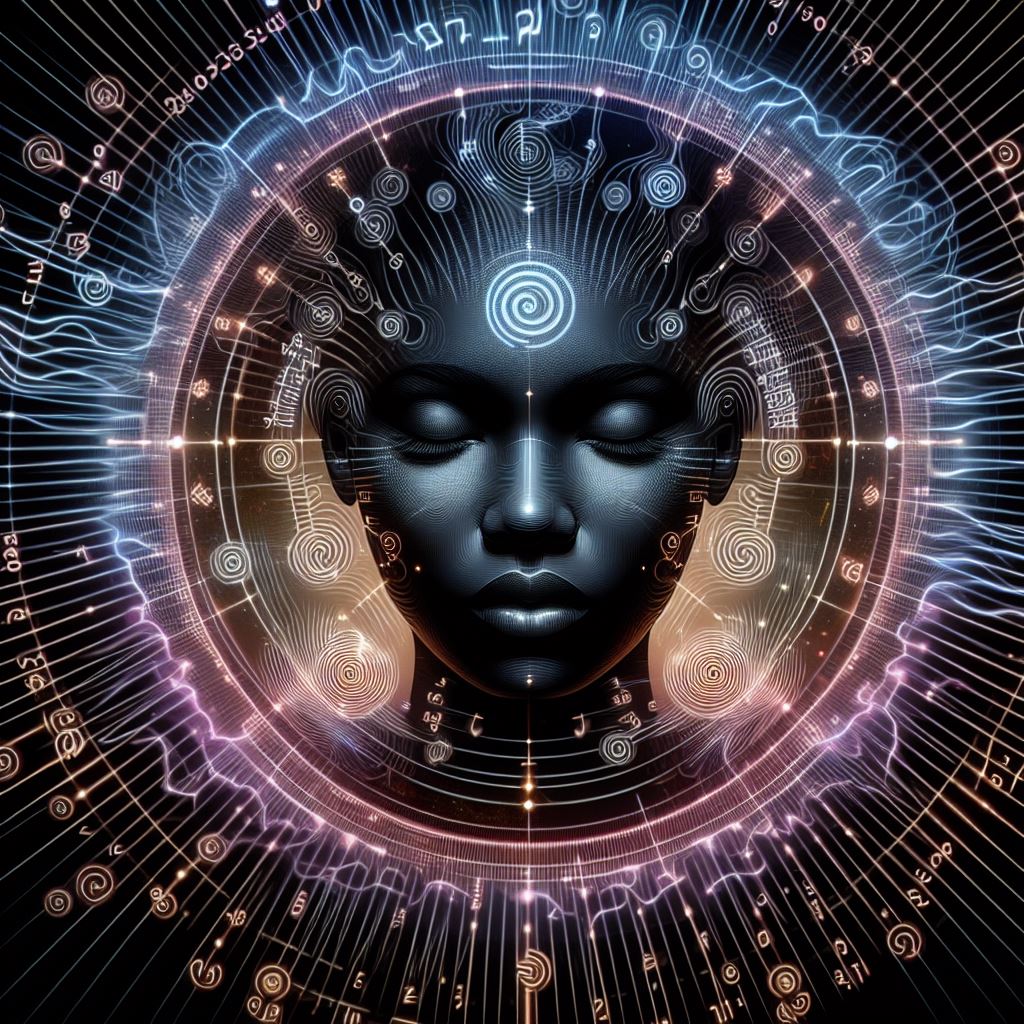 this image shows an image of a dark skinned woman. It looks as though she is in outer space. There is a computer chip in the shape of a circle where her third eye would be. There are electrical pulses that circle around her head. The photo conveys that the human mind emits and receives information similarly to a computer.