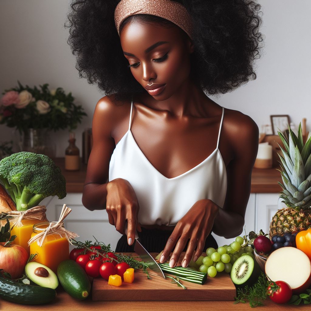 This photo showcases a beautiful black woman in her luxury kitchen slicing fresh produce. This photo is being used to depict how to safely break a fast during the refeeding phase of a detox.