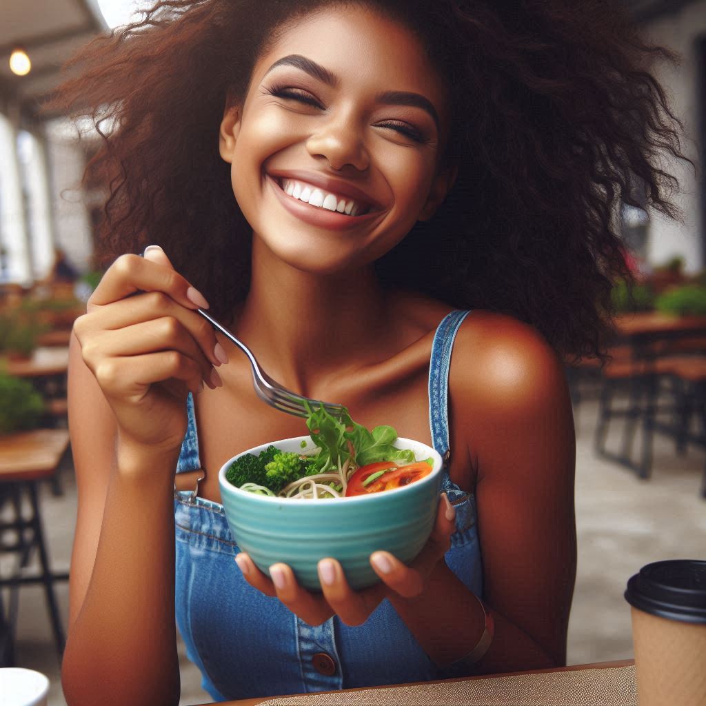 A beautiful brown skinned woman happily enjoying her meal