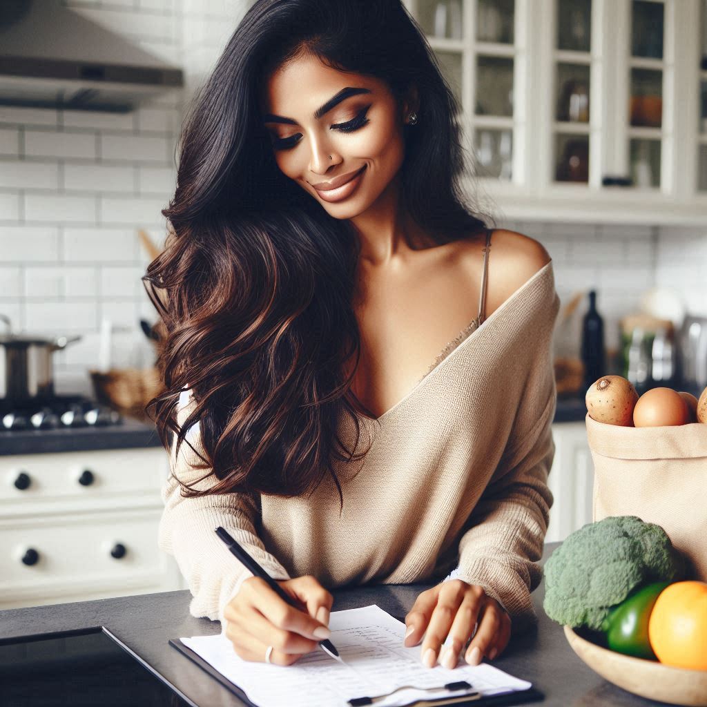 this photo shows a beautiful woman in her luxury kitchen writing a grocery list