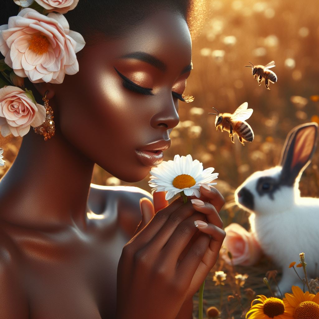 This photo showcases a beautiful black woman adorned with a crown of roses smelling a daisy in a field of flowers. There are bees buzzing around her and a bunny rabbit smiling at her.