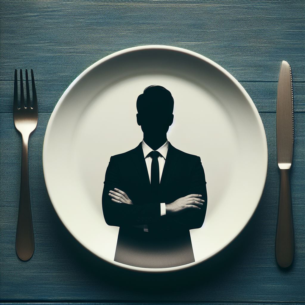 This image shows a white circular plate sitting on a table. There is a fork on the left side of the plate and a knife on the right side of the place. Within the plate is the shadow of an image of a man in a suit with his arms folded across his chest.