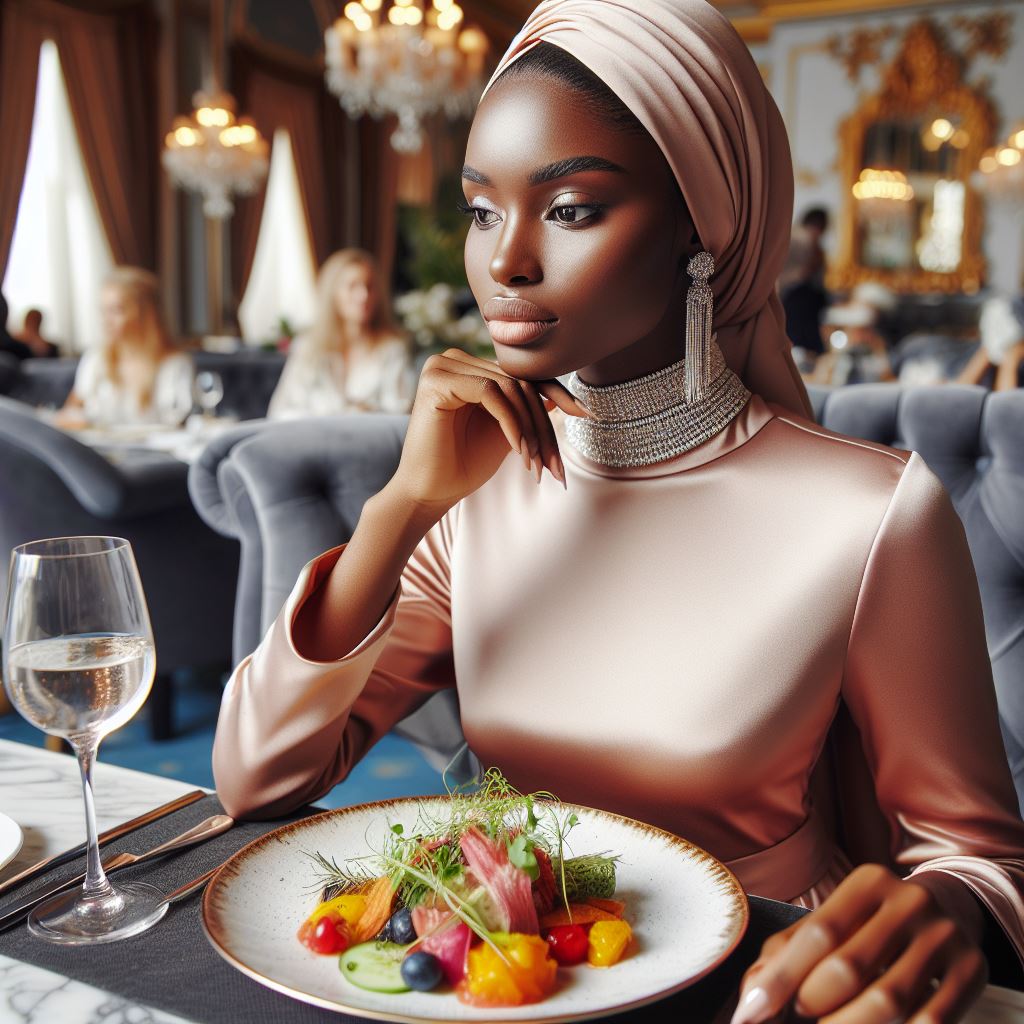 This photo shows a woman having lunch at a restaurant. Her plate is adorned with beautifully bright colors from the fresh ingredients used to prepare her meal.